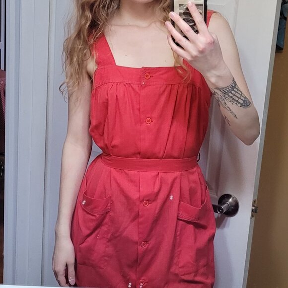 Two Vintage Dresses: Red and Blue Cotton Belted Smock Dresses - Picture 3 of 14